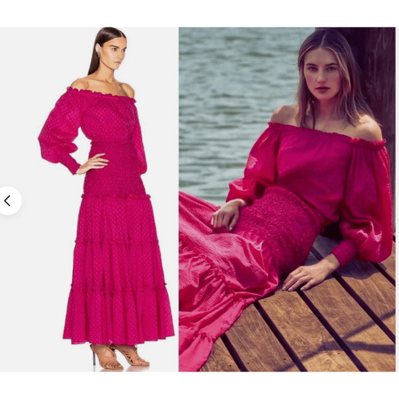 Alexis Dresses & Skirts - NWOT Alexis Thalssa Off The Shoulder Shirred Maxi Dress Sz M Fuchsia Dot #1H451